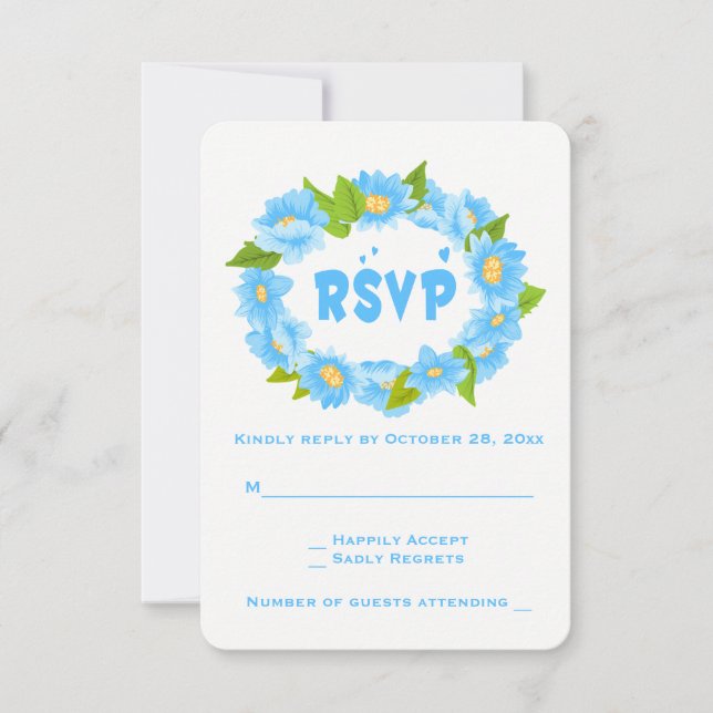 Blommig RSVP Blå Turkos Blomma Bröllopskrans OSA Kort (Framsida)