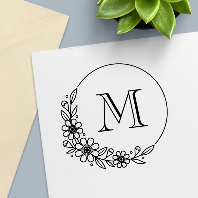 Blommig rund ram Anpassad initialmonogram Självfärgande Stämpel (Skapare uppladdad)