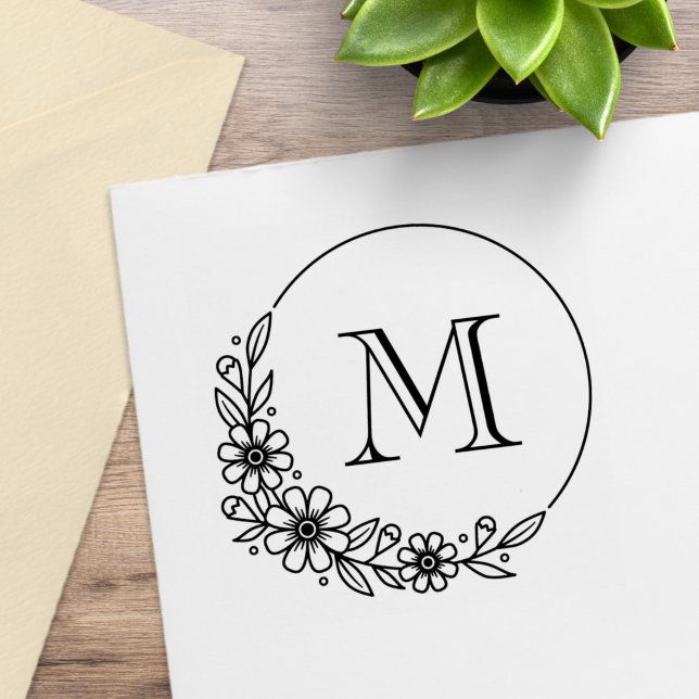 Blommig rund ram Anpassad initialmonogram Stämpel (Skapare uppladdad)