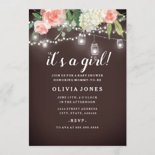 Blommig rustic bakgård inbjudan till baby shower