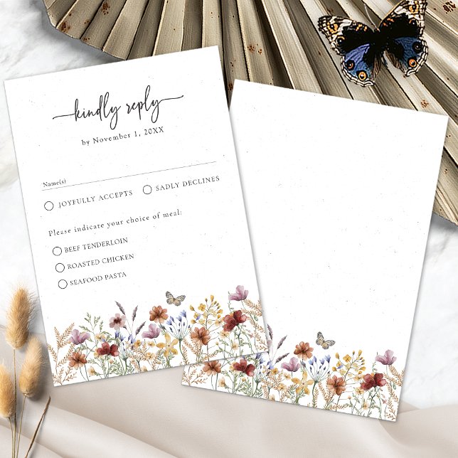 Blommig Rustik Boho RSVP-kort OSA Kort (White Floral Rustic Boho RSVP Card with Butterfly by Painted Paperie)