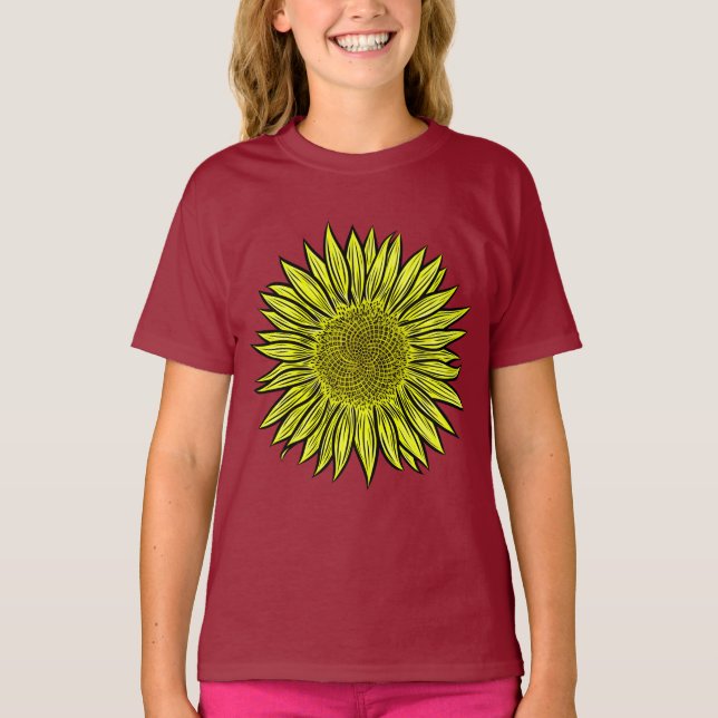 Blommig Rustik Gul Solros Handritad T Shirt (Framsida)