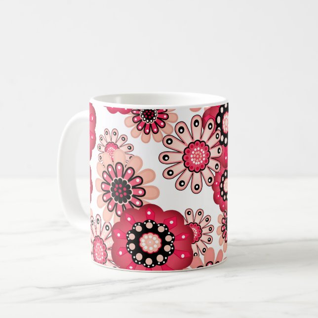 Blommig rustik retro röd och vit kaffemugg (Framsida vänster)