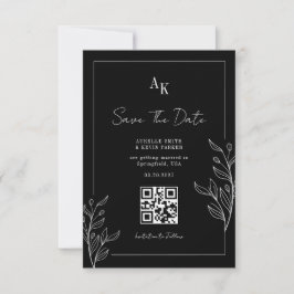 Blommig Rustik Svart Elegant Foto Bak QR Bröllop Spara Datumet
