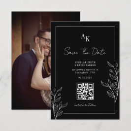 Blommig Rustik Svart Elegant Foto Bak QR Bröllop Spara Datumet