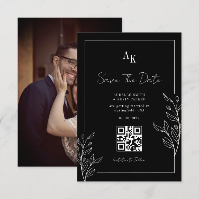 Blommig Rustik Svart Elegant Foto Bak QR Bröllop Spara Datumet (Fram/baksida)