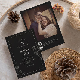 Blommig Rustik Svart Elegant Foto Bakre QR Bröllop Inbjudningar