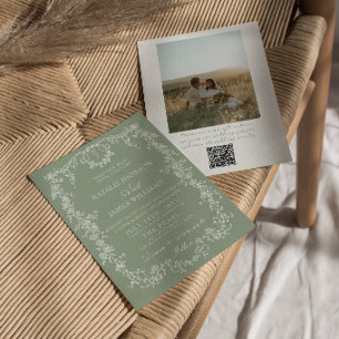 Blommig Sagegrön Monogram Foto QR-kod Bröllop Inbjudningar