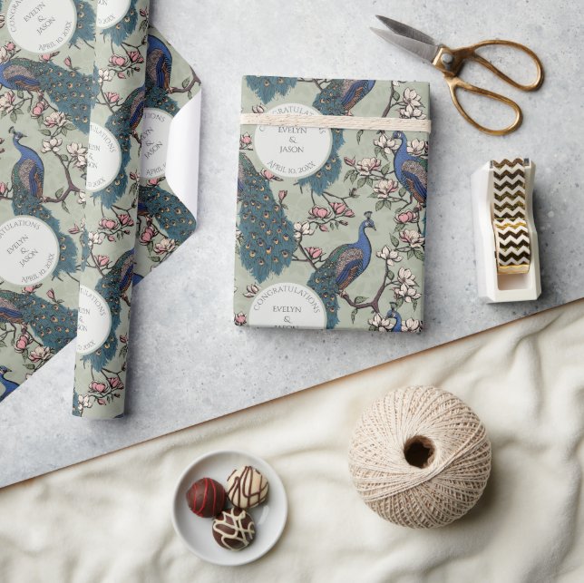 Blommig Salvia Förlovnings Papper med Påfåglar Presentpapper (Hantverk)