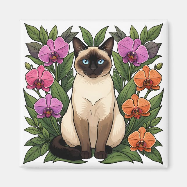 blommig siamesisk kattmagnet magnet (Framsidan)