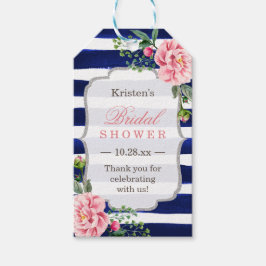 Blommig Silver Marinblå Ränder Bröllopskalas Tacks Presentetikett