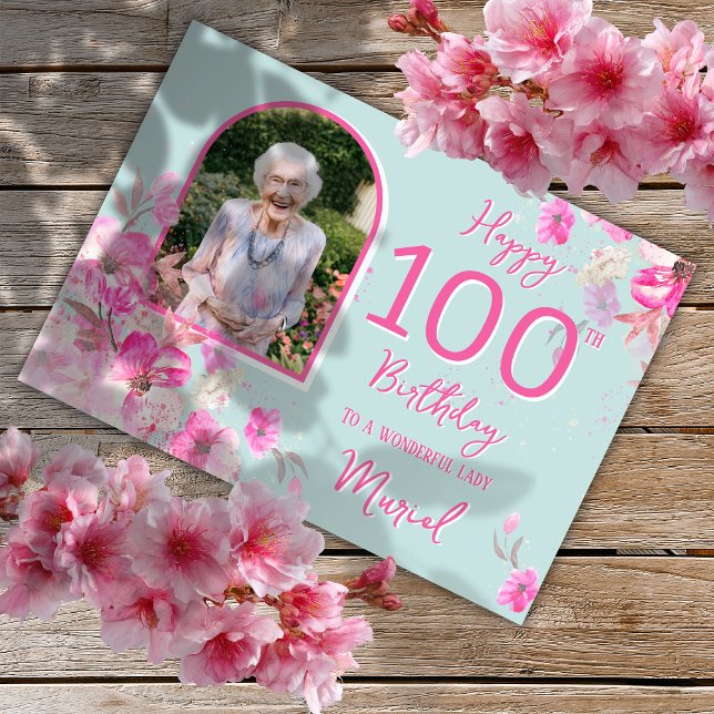 Blommig Singelfoto 100-års Födelsedagskort Kort (Skapare uppladdad)