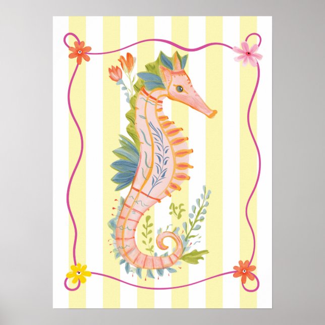 blommig sjöhästs funky väggkonstaffisch poster (Framsidan)
