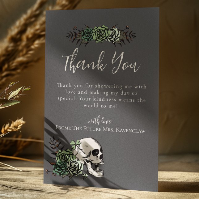 Blommig Skalle Gröna Rosor Gotisk Bröllopsdusch Tack Kort (Black Irish Gothic Thank You Card for Bridal Shower or St. Patrick's Day. Hand Drawn Skull & Roses)