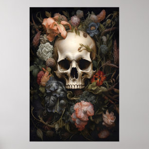 Blommig Skalle Porträtt Tryck, Mörk Akademik, Goti Poster