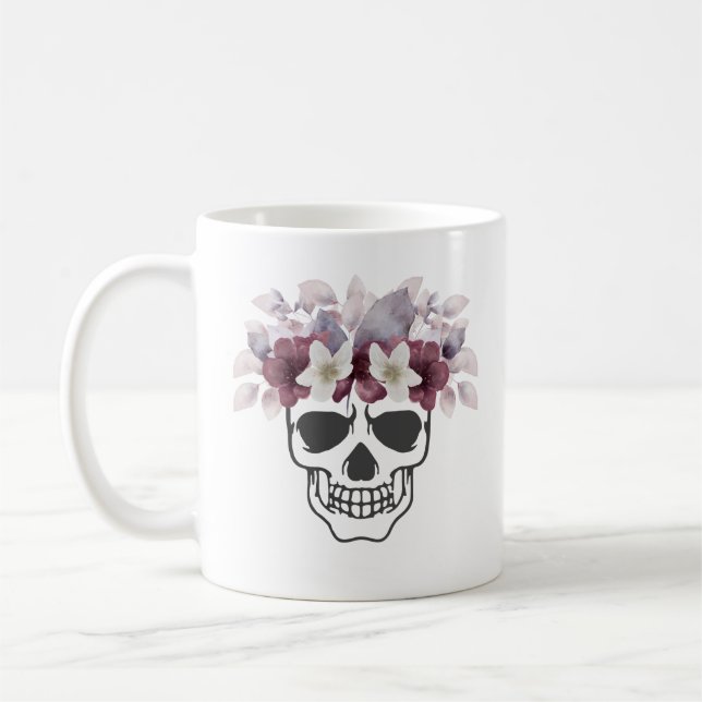Blommig Skalle Vita och Vinblommor Kaffemugg (Vänster)