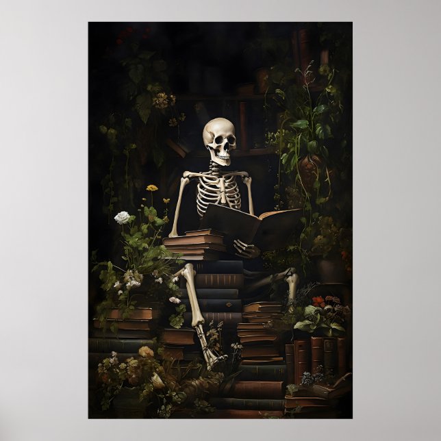 Blommig Skelett Bok Bibliotek Tryck, Skalle Mörk Poster (Framsidan)