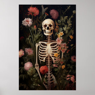 Blommig Skelett Gotisk Porträtttryck, Mörkt Poster