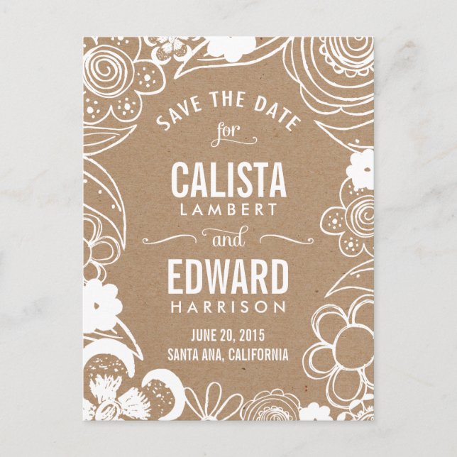 Blommig Skiss Spara Datum - Hantverk Meddelande Vykort (Framsida)