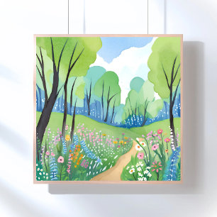 Blommig Skog   Natur Aquarell Vilda Blommor Poster