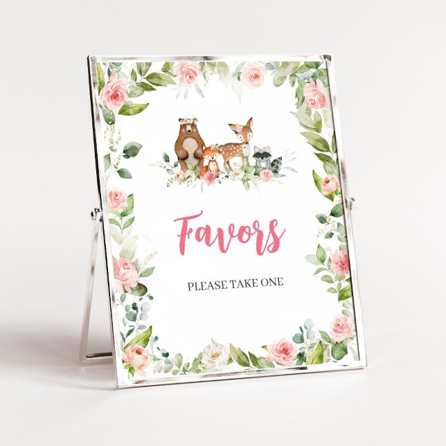 Blommig Skogs Baby Shower Förmånsskylt Poster (Girl Woodland Animals Baby Shower Favors Sign)