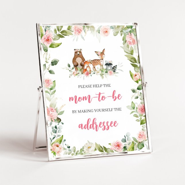 Blommig Skogs Baby Shower Kuvert Station Skylt (Girl Woodland Animals Baby Shower Envelope Station Sign)