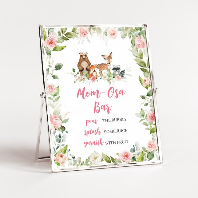 Blommig Skogs Baby Shower Mamma Osa Barskylt Poster (Girl Woodland Animals Baby Shower Mom Osa Bar Sign)
