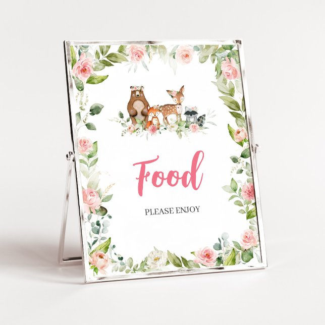 Blommig Skogs Baby Shower Mattecken Poster (Girl Woodland Animals Baby Shower Food Sign)