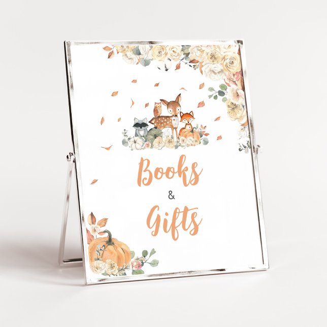 Blommig Skogs Djur Böcker och Gåvor Skylt (Floral Woodland Animals Baby Shower Books and Gifts Sign)