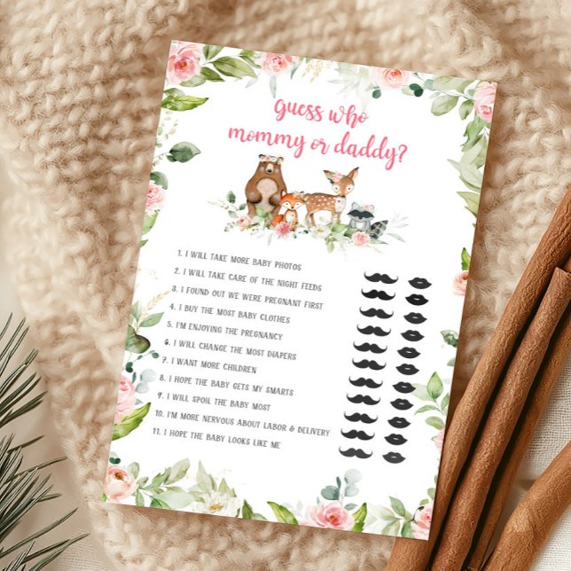 Blommig Skogs Gissa Vem Mamma eller Pappa Lek (Girl Woodland Animals Baby Shower Guess Who Mommy or Daddy Game)