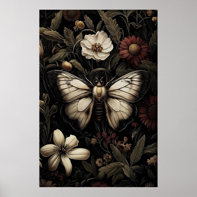 Blommig Skogs Moth Fjäril Tryck, Mörk Poster (Framsidan)
