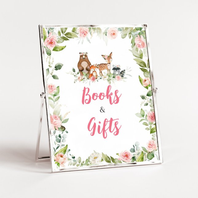 Blommig Skogsbarnvakt Böcker och Gåvor Skylt (Girl Woodland Animals Baby Shower Books and Gifts Sign)