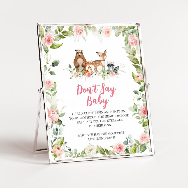 Blommig Skogsbarnvakt - Underteckna inte Bebis Sky Poster (Girl Woodland Animals Baby Shower Don't Say Baby Sign)