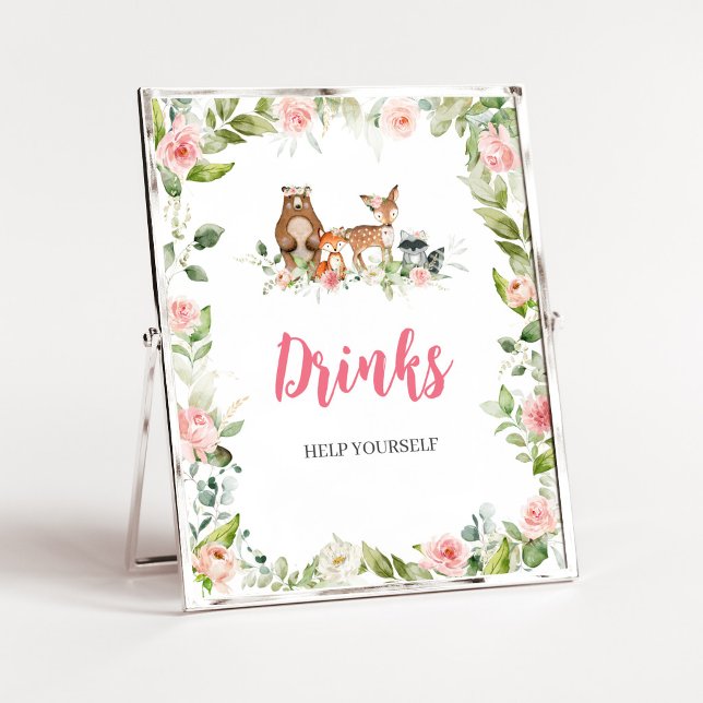 Blommig Skogsbarnvaktedryckeskylt Poster (Girl Woodland Animals Baby Shower Drinks Sign)