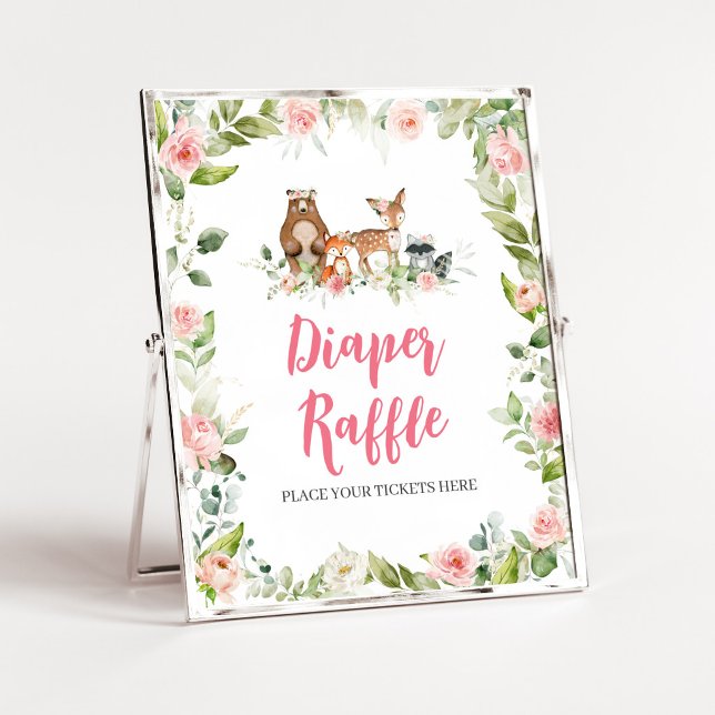 Blommig Skogsbarnvask Diaper Förfråganstecken Poster (Girl Woodland Animals Baby Shower Diaper Raffle Sign)