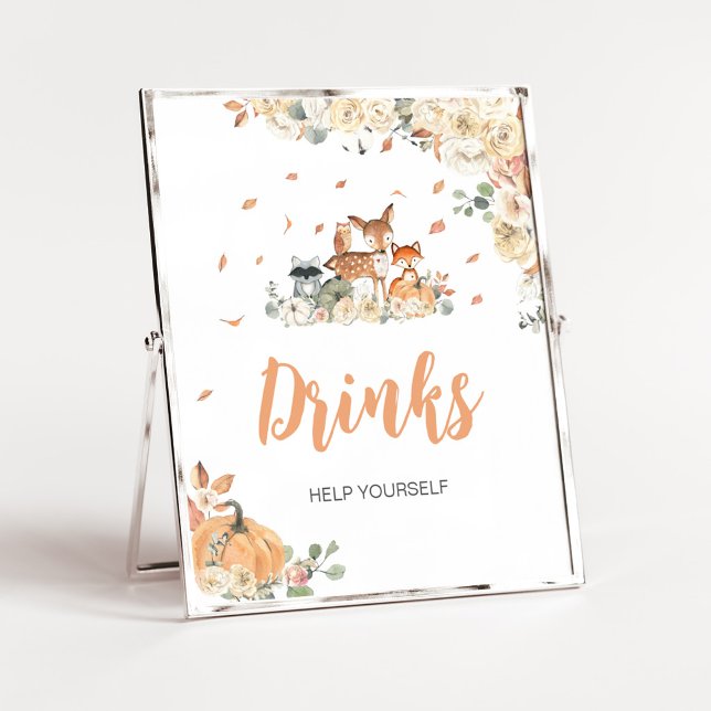 Blommig Skogsdjur Dryckesskylt Poster (Floral Woodland Animals Baby Shower Drinks Sign)