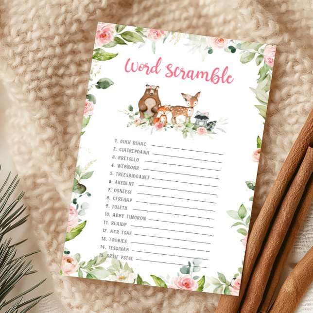 Blommig Skogsdusch Ordkrysslek (Girl Woodland Animals Baby Shower Word Scramble Game)