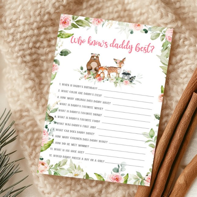 Blommig Skogslek Vem Känner Pappa Bäst Spelet (Girl Woodland Animals Baby Shower Who Knows Mommy Best Game)