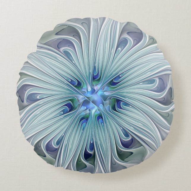 Blommig Skönhet Abstrakt Modern Blå Pastell Blomma Rund Kudde (Framsidan)