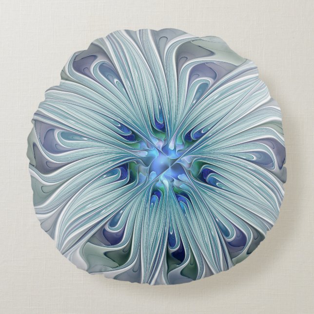 Blommig Skönhet Abstrakt Modern Blå Pastell Blomma Rund Kudde (Framsidan)