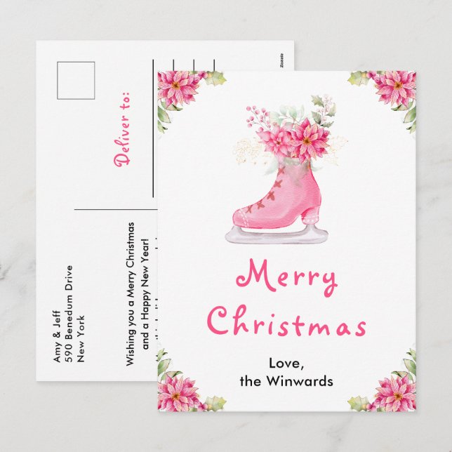 Blommig skridsko rosa god jul helg vykort (Fram/baksida)