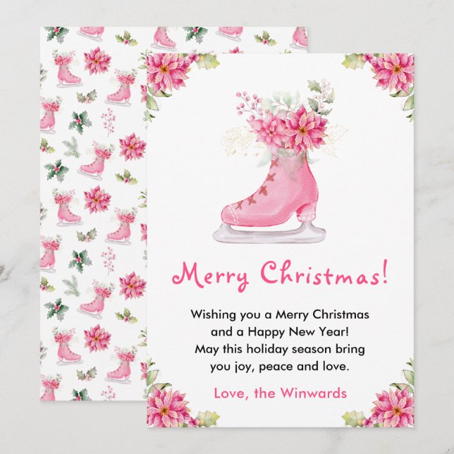 Blommig skridsko rosa god jul julkort (Fram/baksida)