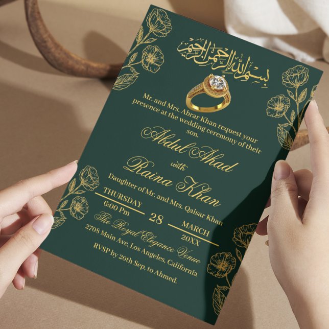 Blommig Smaragd Guld Muslimsk Islamsk Förlovning Inbjudningar (Skapare uppladdad)