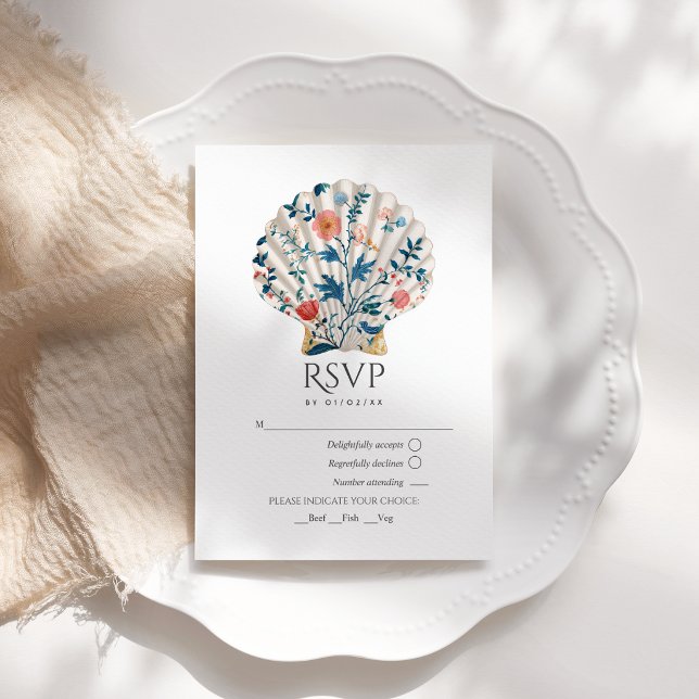 Blommig snigelskal kust strand bröllop nautisk OSA kort (Floral Seashell Coastal Beach Wedding Nautical RSVP Card)