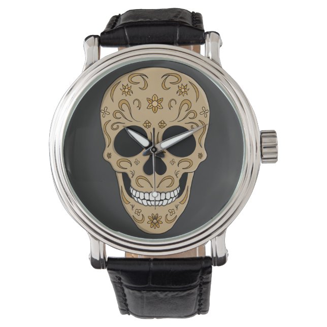 Blommig sockerkalle Dia de los Muertos Armbandsur (Framsida)