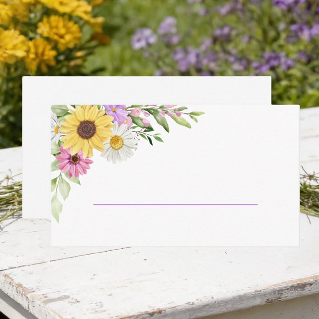 Blommig Solros Daisy Lila Vildblomma Bröllop Placeringskort (Skapare uppladdad)
