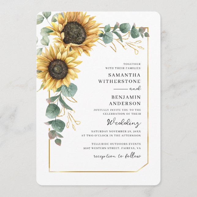 Blommig Solros Eukalyptus QR-kod Bröllop Inbjudningar (Framsida)