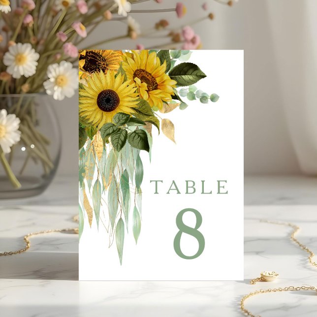 Blommig Solros Eukalyptus Salvia Grön Bröllop Bordsnummer (Floral Sunflower Eucalyptus Sage Green Wedding Table Number)