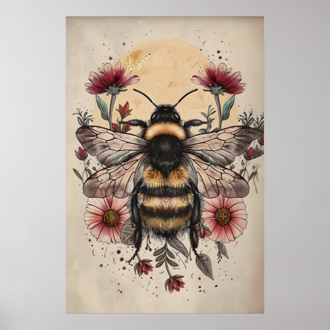 Blommig soltryck med bin, retro botanisk konst (di poster (Framsidan)