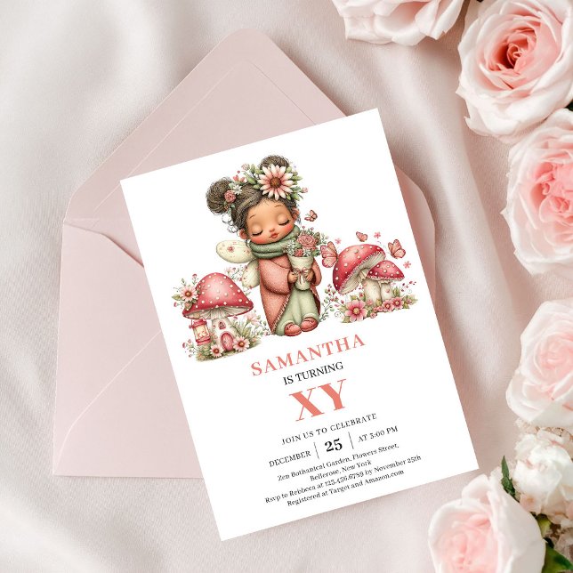 Blommig Söt Alva 3-års Födelsedags Rosa Inbjudning Inbjudningar (Floral Cute Fairy 3rd Birthday Pink Invite Card)